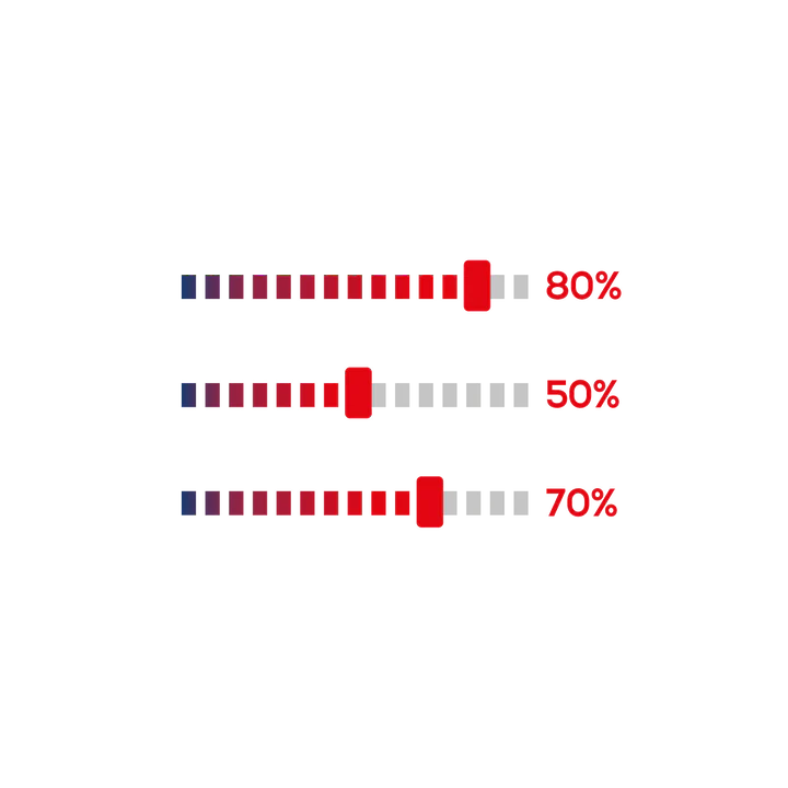 Trzy poziome suwaki pokazujące różne poziomy postępu: górny suwak znajduje się na poziomie 80%, środkowy na poziomie 50%, a dolny na poziomie 70%. Wartości procentowe są zapisane czerwonym tekstem obok każdego suwaka.