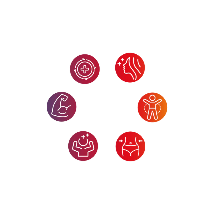 Sześć okrągłych ikon z gradientowym czerwonym i fioletowym tłem, z białymi rysunkami linii: cel z krzyżem, boczny profil twarzy, osoba stojąca z wyciągniętymi rękami, talia ze strzałkami, zgięte ramię i zgięta klatka piersiowa.
