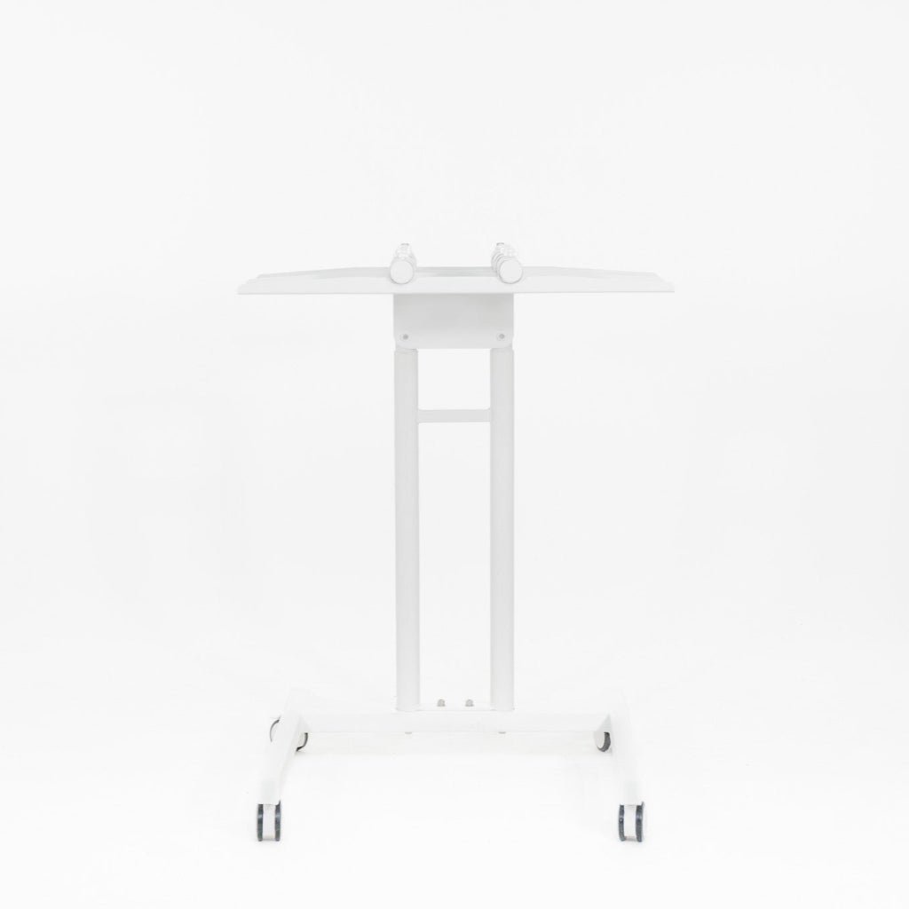 Biały stolik medyczny Heilys z regulacją wysokości, kółkami i solidną podstawą Dual Stand Horizontal, przedstawiony na białym tle.