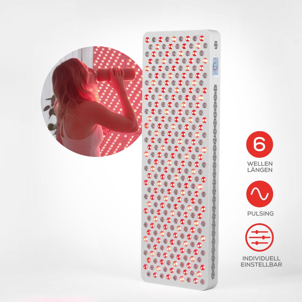 Przedstawiono duży prostokątny panel LED heilys do terapii światłem. Wstawka: kobieta pije z butelki przed świecącym oświetleniem czerwonym. Ikony pokazują 6 długości fal, tryb pulsacyjny i indywidualnie regulowane ustawienia.