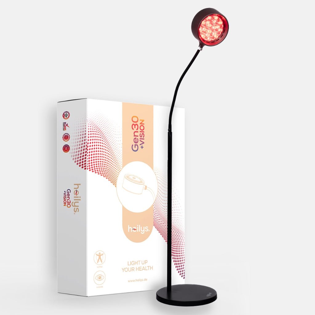 Czarna lampa podłogowa z okrągłą czerwoną głowicą, idealna jako panel światła czerwonego, stoi przed białym pudełkiem heilys Gen30 VISION z pomarańczowo-czerwonymi akcentami i ikonami zdrowia.